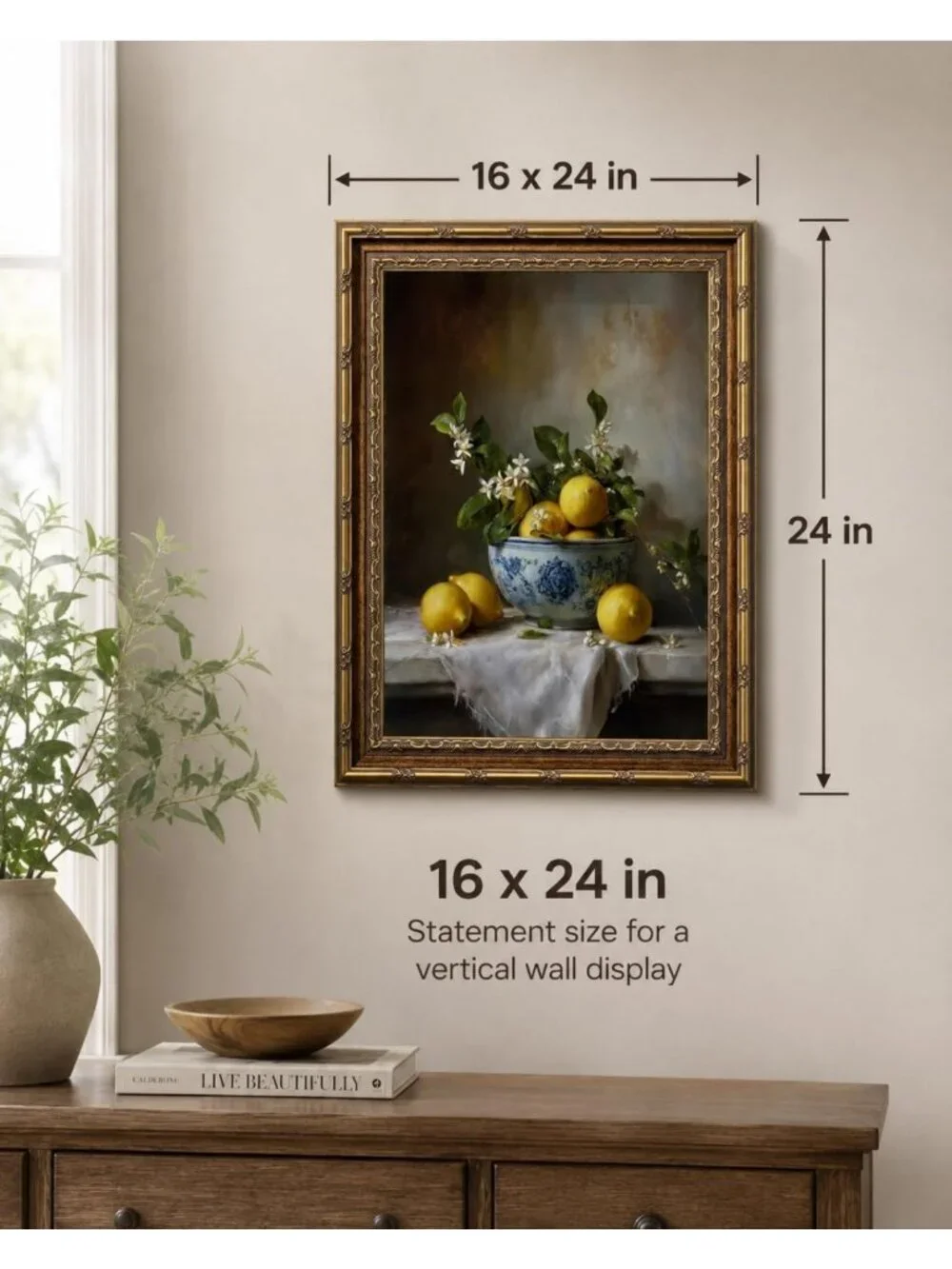 Lemon Still Life Wall Art - Gold Framed Kitchen Canvas Print 16x24, Home Decor